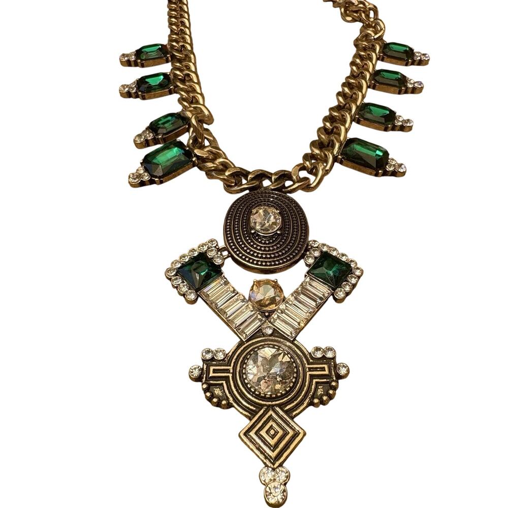 Park Lane Jewelry KINGDOM Statement Necklace Green Clear Crystal Antiq Goldtone